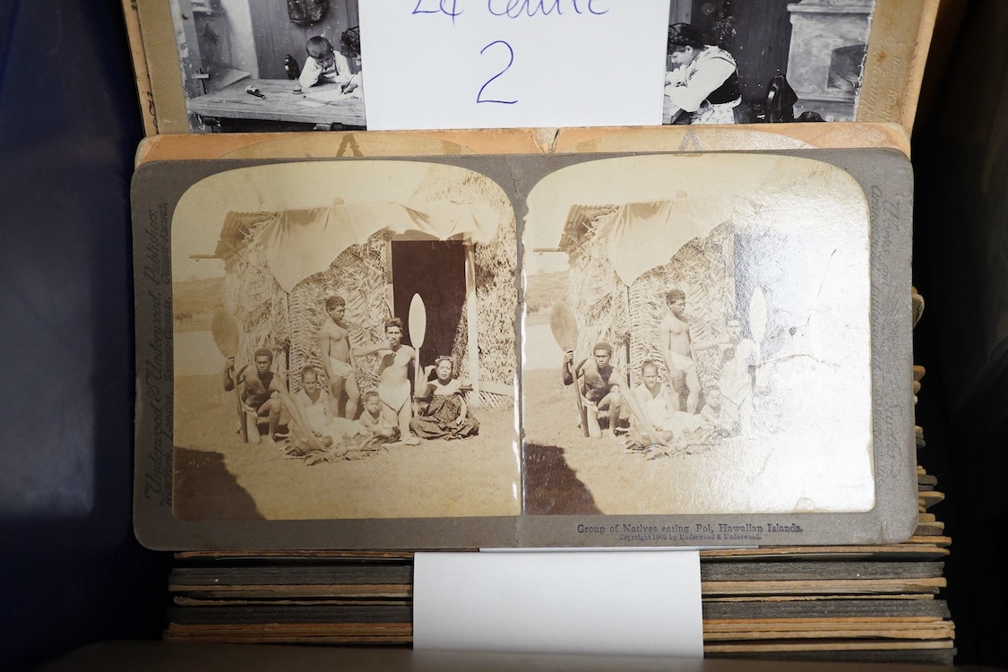 A collection of over 300 late 19th and early 20th century stereoscopic cards, including a fitted mahogany case containing 30 glass examples, the themes include; scenic views, sculptures and statues, buildings, Windsor, p